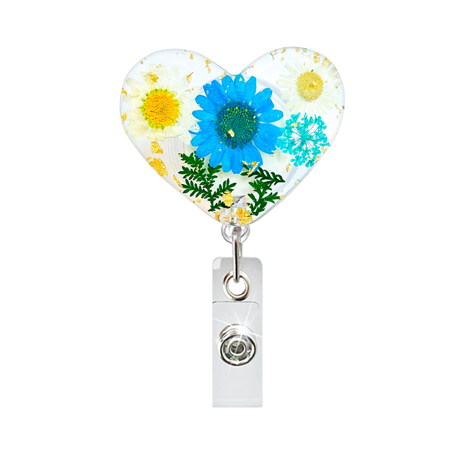 Wholesale Heart Shaped Dried Flower Resin Crocodile Clip Emblem Scroll Retractable Keychain